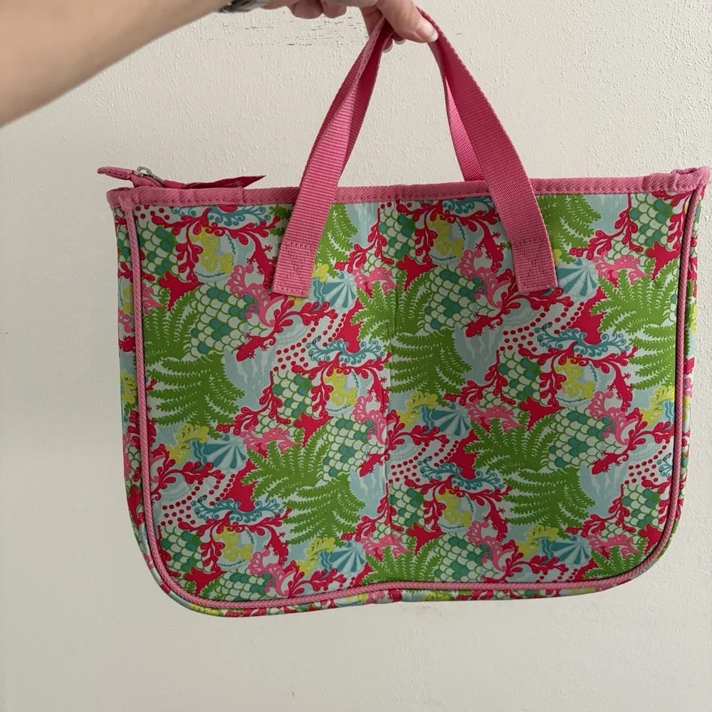 Lilly Pulitzer Pink Green Checking In Print Laptop Case Bag Padded Neoprene